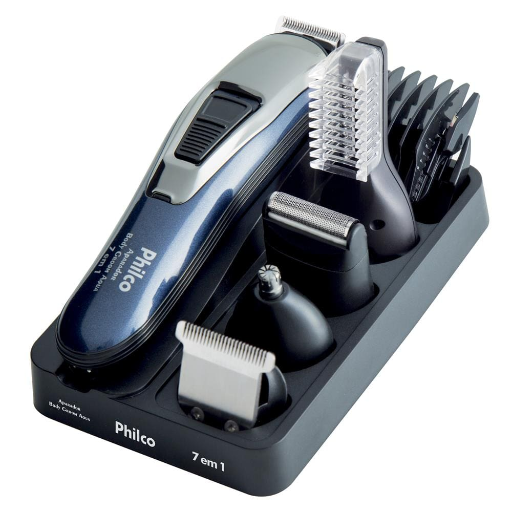 Aparador de Pelos Philco Body Groom Aqua 7 em 1 À Prova D'água Sem Fio Prata/Azul - Bivolt Aparador de Pelos Philco Body Groom Aqua 7 em 1 À Prova D'água Sem Fio Prata/Azul - Bivolt