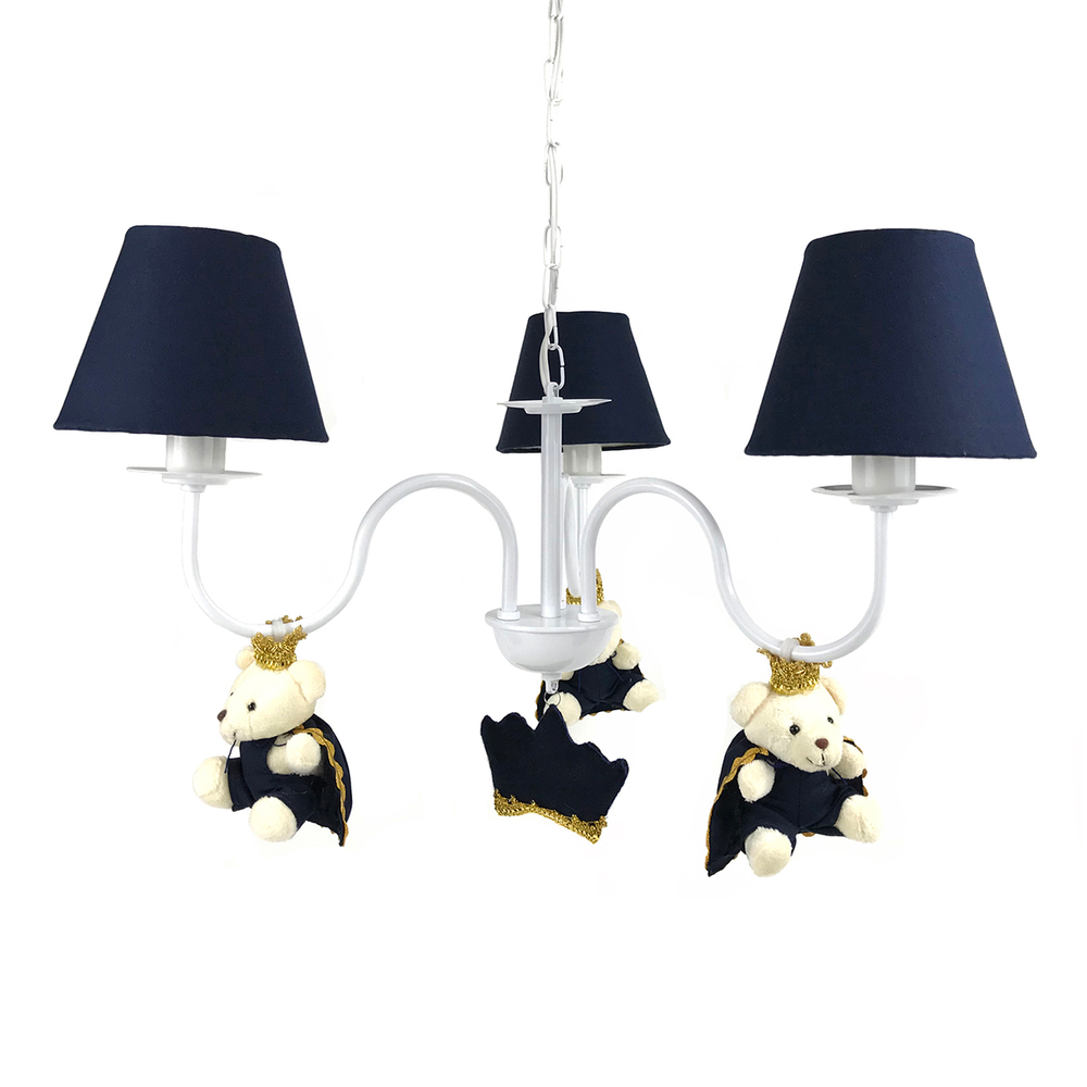 Lustre 3L Simples Com 3 Ursinhos Príncipes Marinho Quarto Bebê Infantil