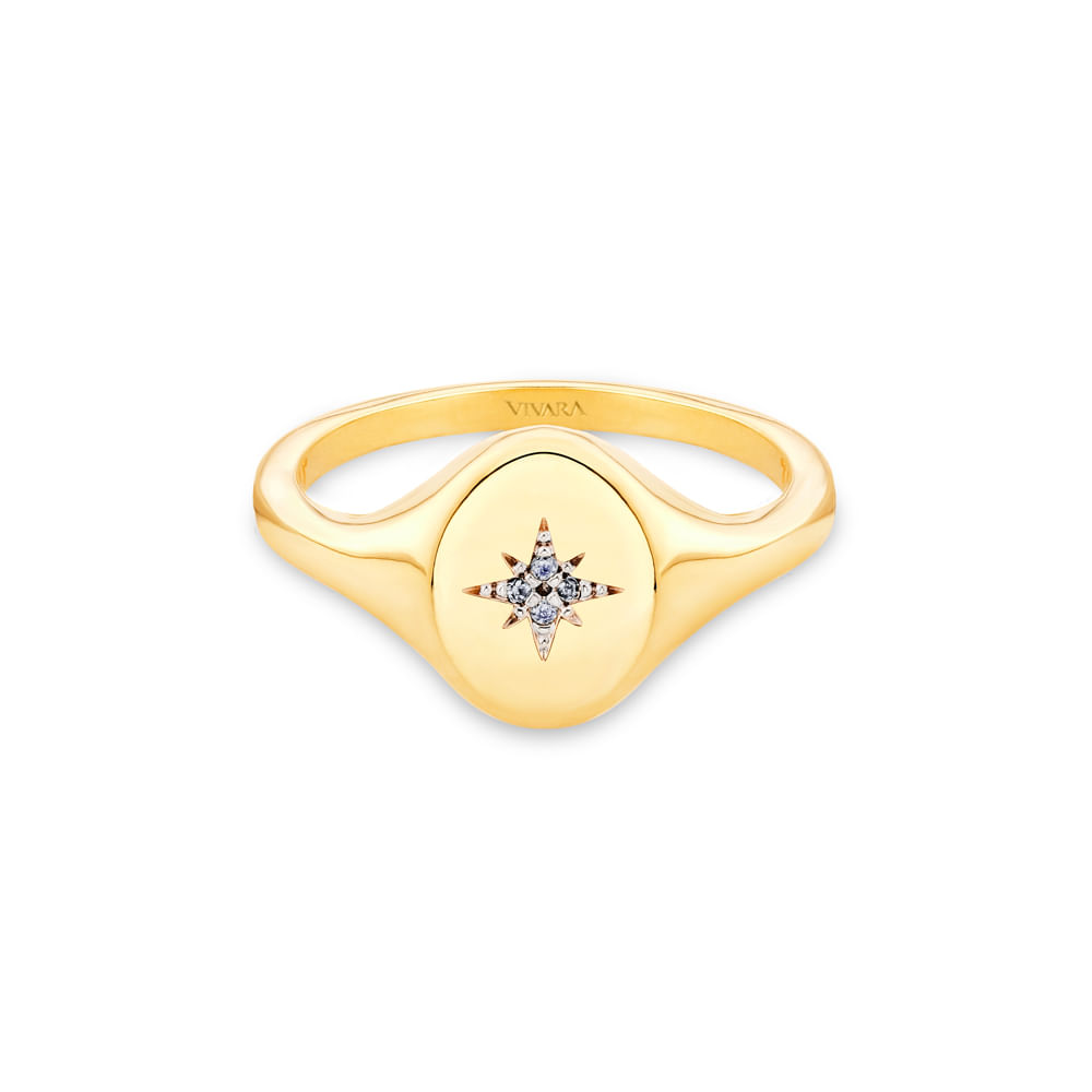 Anel Signet Estrela em Ouro Amarelo 18k com Diamantes