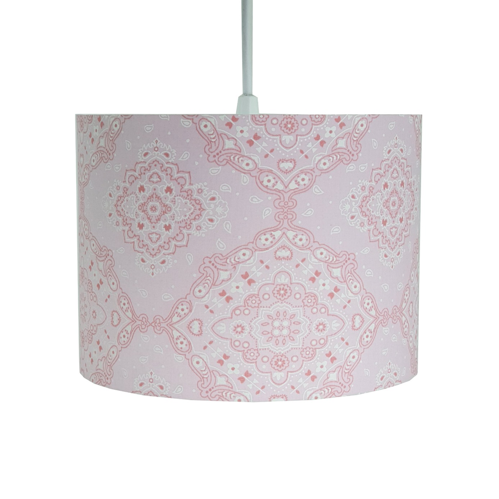Luminária Pendente Revestida com Tecido Arabescos Tons de Rosa Luminária Pendente Revestida com Tecido Arabescos Tons de Rosa