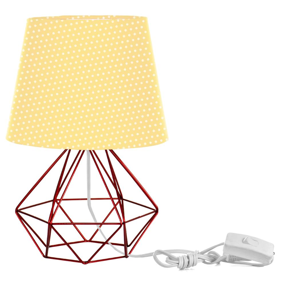 Abajur Diamante Dome Amarelo Bolinha com Aramado Cereja