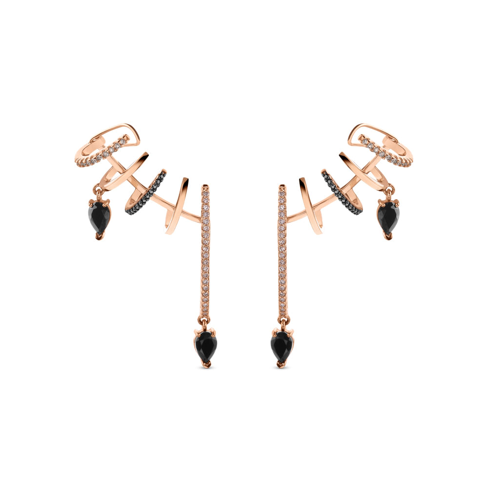 Brinco Ear Cuff Anelli em Ouro Vivara 18k com Quartzos Negros, Diamantes Negros e Diamantes Brown