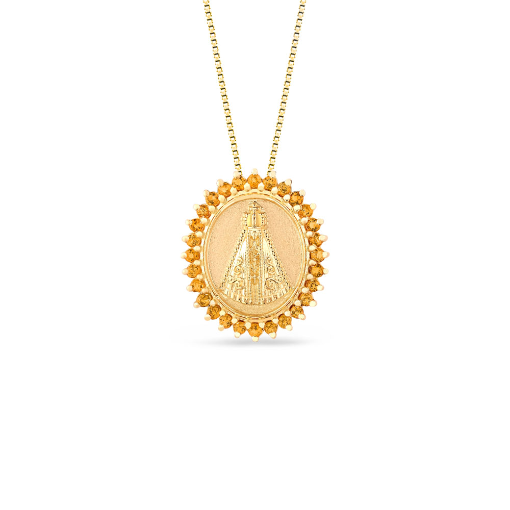 Pingente Medalha N.Sra. Aparecida em Ouro Amarelo 18k com Citrinos Pingente Medalha N.Sra. Aparecida em Ouro Amarelo 18k com Citrinos