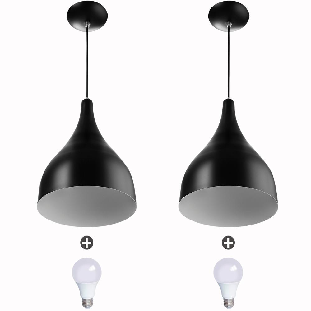 2 Lustres Pendente Gota Media Alumínio 30cm Preto + Lampada 2 Lustres Pendente Gota Media Alumínio 30cm Preto + Lampada