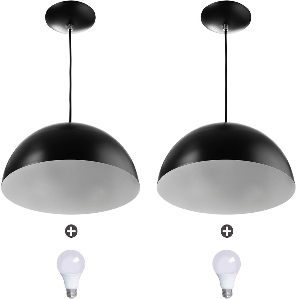 2 Lustres Pendente Meia Lua 40cm Alumínio Preto + Lampada 2 Lustres Pendente Meia Lua 40cm Alumínio Preto + Lampada