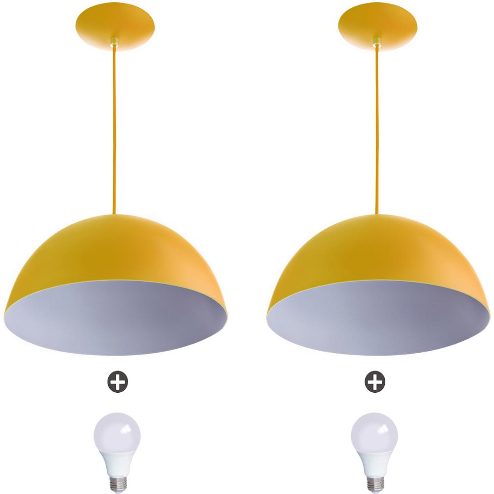 2 Lustres Pendente Meia Lua 40cm Amarela + Lampada 2 Lustres Pendente Meia Lua 40cm Amarela + Lampada