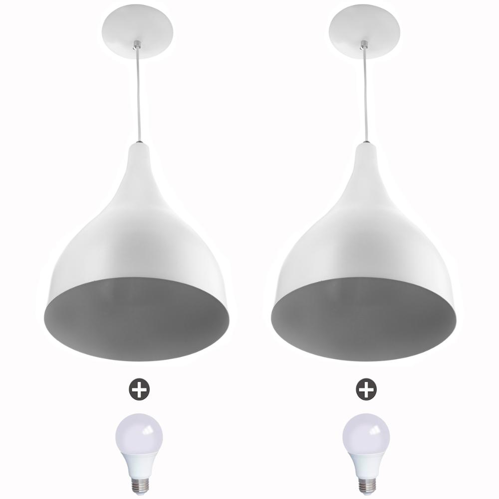 2 Lustres Pendente Gota Media Alumínio 30cm Branco + Lampada 2 Lustres Pendente Gota Media Alumínio 30cm Branco + Lampada