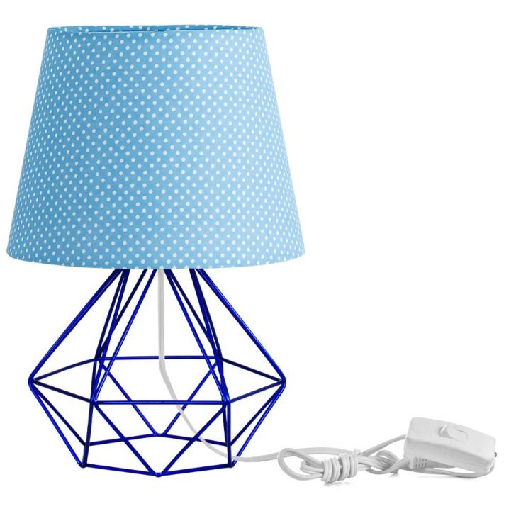 Abajur Diamante Dome Azul Bolinha Com Aramado Azul Metálico
