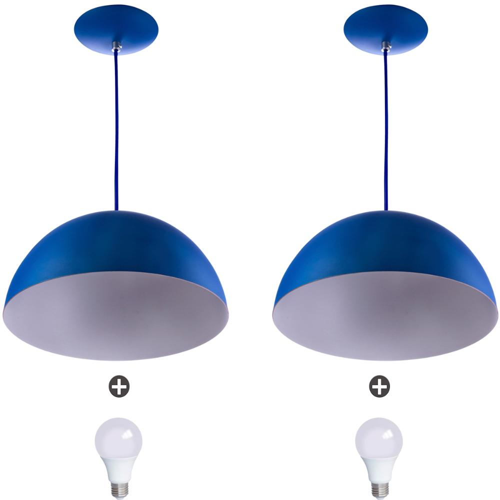 2 Lustres Pendente Meia Lua 40cm Alumínio Azul + Lampada 2 Lustres Pendente Meia Lua 40cm Alumínio Azul + Lampada