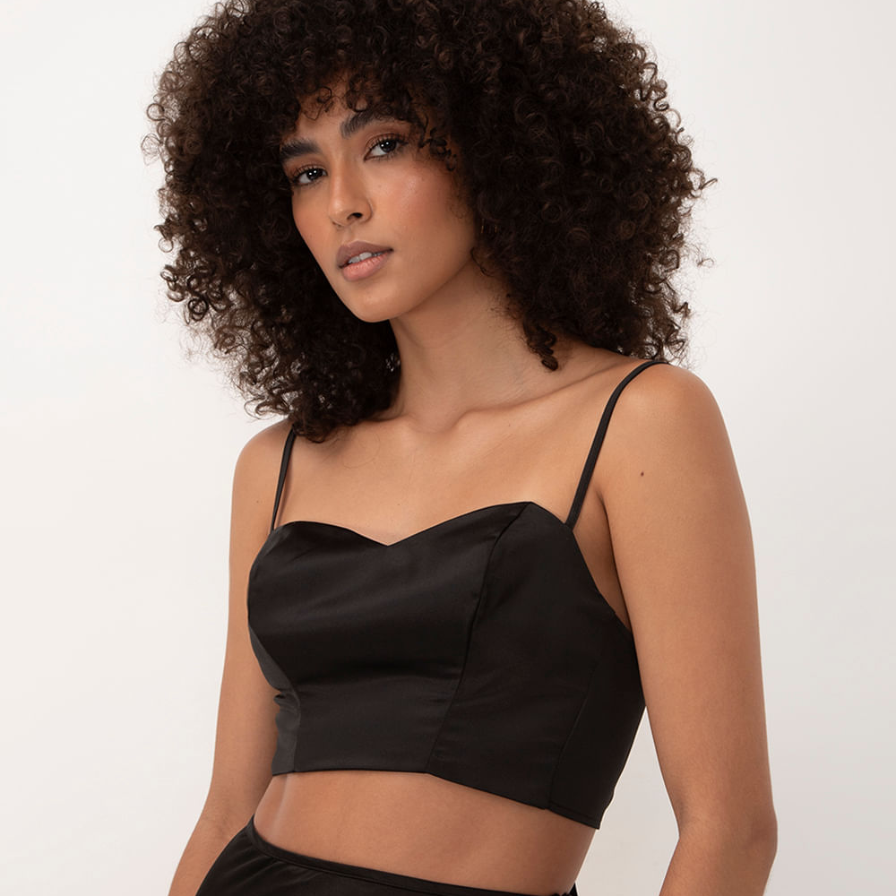 Top Cropped De Cetim Preto