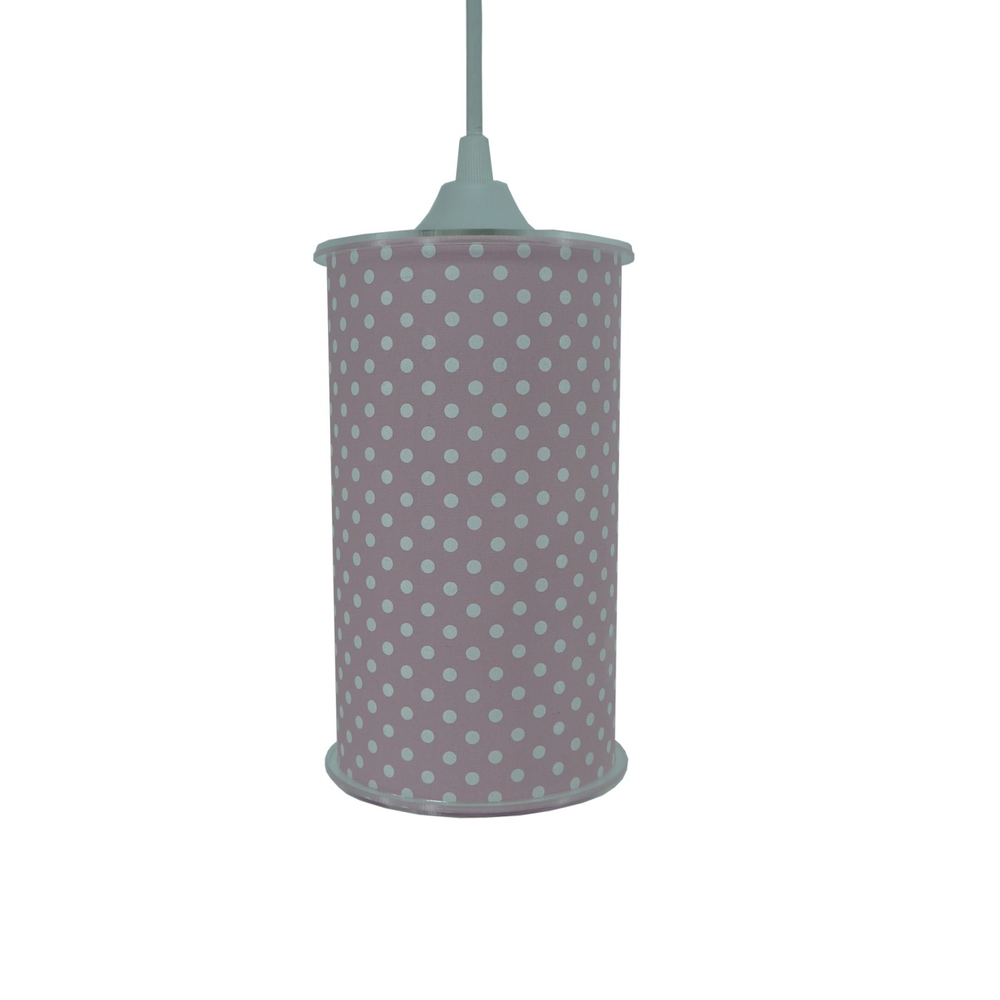Luminária Pendente Cilíndrica Tecido Estampa Poás Rosa e Branco Luminária Pendente Cilíndrica Tecido Estampa Poás Rosa e Branco