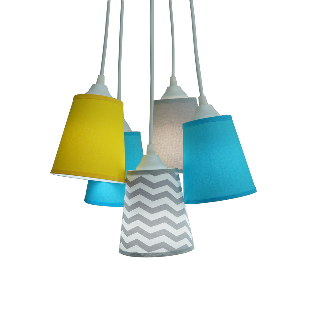 Lustre Pendente Bebê Chevron Cinza, Amarelo e Turquesa