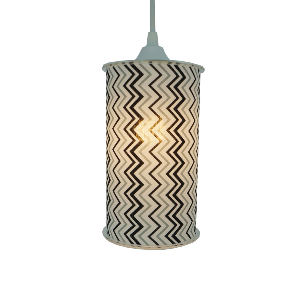 Luminária Pendente Cilíndrica Chevron Branca, Cinza e Preta Luminária Pendente Cilíndrica Chevron Branca, Cinza e Preta