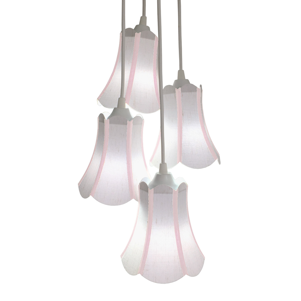 Lustre Pendente Luminária Cacho 4 Cúpulas Paris Linho com Detalhes em Rosa Lustre Pendente Luminária Cacho 4 Cúpulas Paris Linho com Detalhes em Rosa