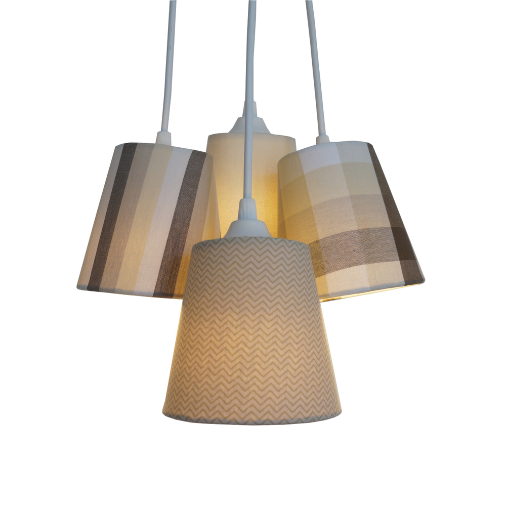 Lustre Pendente 4 Cúpulas Xadrez e Listras Bege e Marrom Lustre Pendente 4 Cúpulas Xadrez e Listras Bege e Marrom