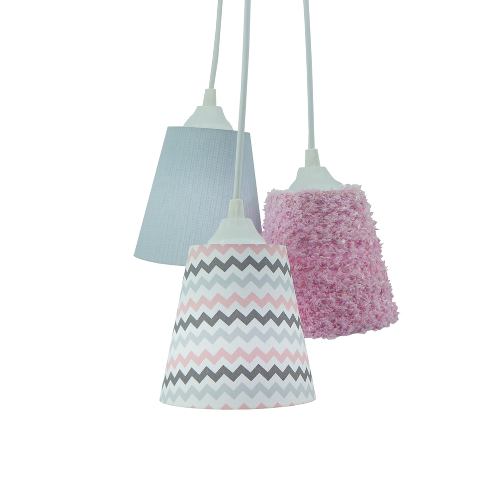 Lustre Pendente Luminária Cacho Rosa Frufru, Chevron e Cinza Lustre Pendente Luminária Cacho Rosa Frufru, Chevron e Cinza