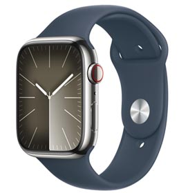 Apple Watch Series 9 (GPS+Cellular 45 mm) Caixa Prateada de Aço Inoxidável Pulseira Esportiva Azul Tempestade - M/G