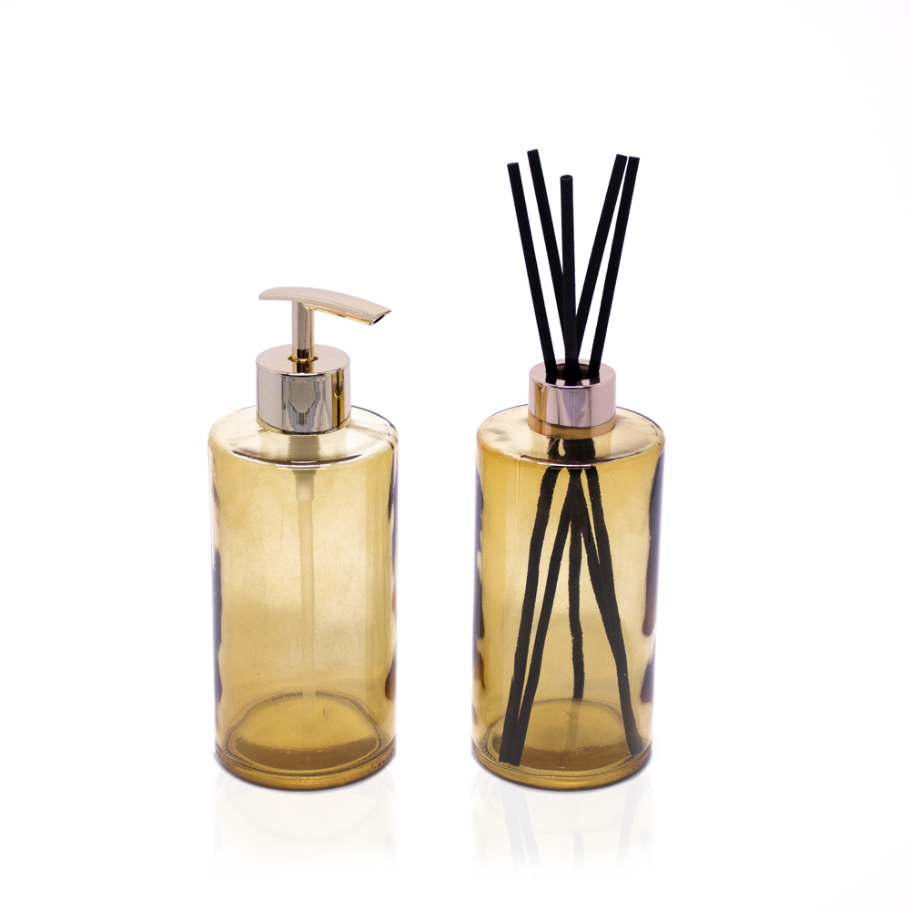 Kit Difusor e Porta Sabonete Liquido de Vidro Dourado - D'Rossi Kit Difusor e Porta Sabonete Liquido de Vidro Dourado - D'Rossi