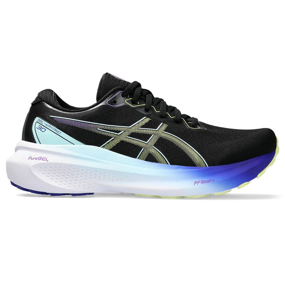 Tênis ASICS GEL-Kayano 30 - Feminino - Preto e Amarelo com Branco e Azul Tênis ASICS GEL-Kayano 30 - Feminino - Preto e Amarelo com Branco e Azul