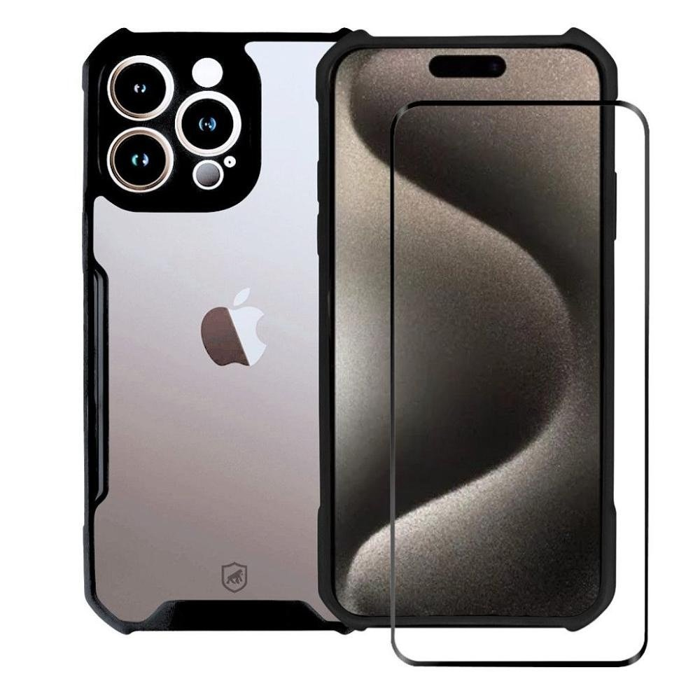 Kit Capa case capinha Dual Shock X e Pelicula Coverage 5D Pro Preta para iPhone 15 Pro Max