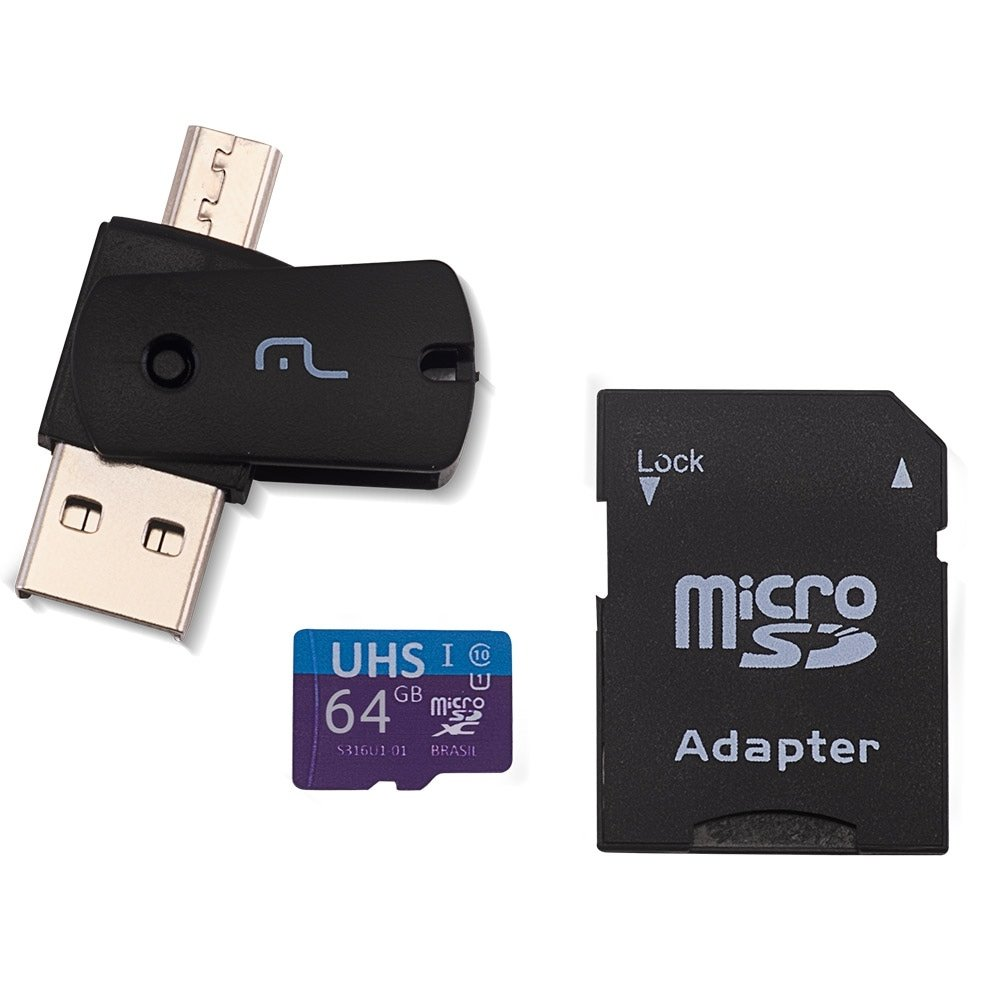 Kit Multilaser MC152 4 em 1: Cartão De Memória Ultra High SpeedI + Adaptador USB Dual Drive + Adaptador SD 64GB até 80 Mb/S