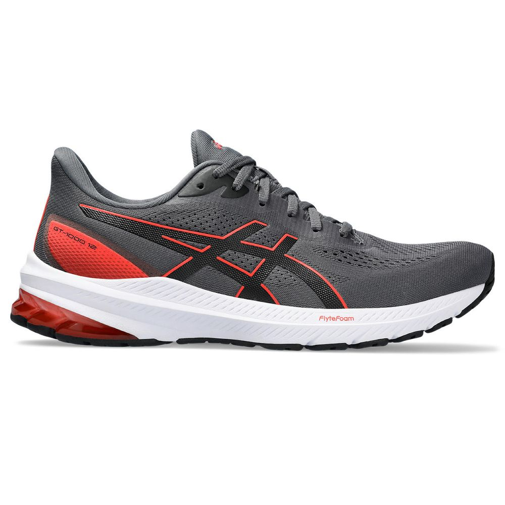 Tênis ASICS GT-1000 12 - Masculino - Cinza e Preto com Branco e Vermelho Tênis ASICS GT-1000 12 - Masculino - Cinza e Preto com Branco e Vermelho