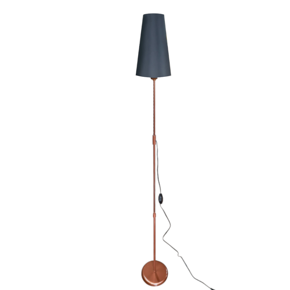 Luminária De Chão Com Cúpula De Tecido Cone - Coluna De Luz - Base Cobre Cúpula Preto Luminária De Chão Com Cúpula De Tecido Cone - Coluna De Luz - Base Cobre Cúpula Preto