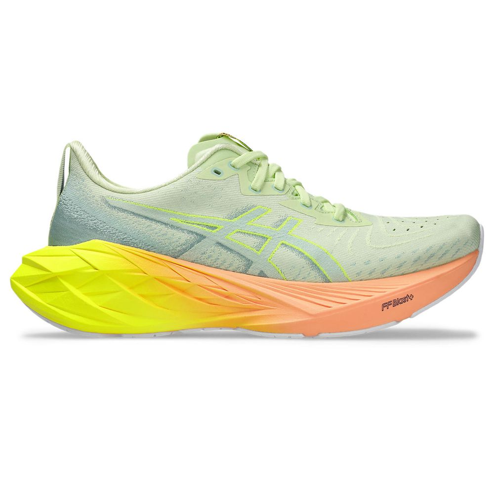 Tênis ASICS Novablast 4 Paris - Masculino - Cinza com Verde e Laranja Tênis ASICS Novablast 4 Paris - Masculino - Cinza com Verde e Laranja