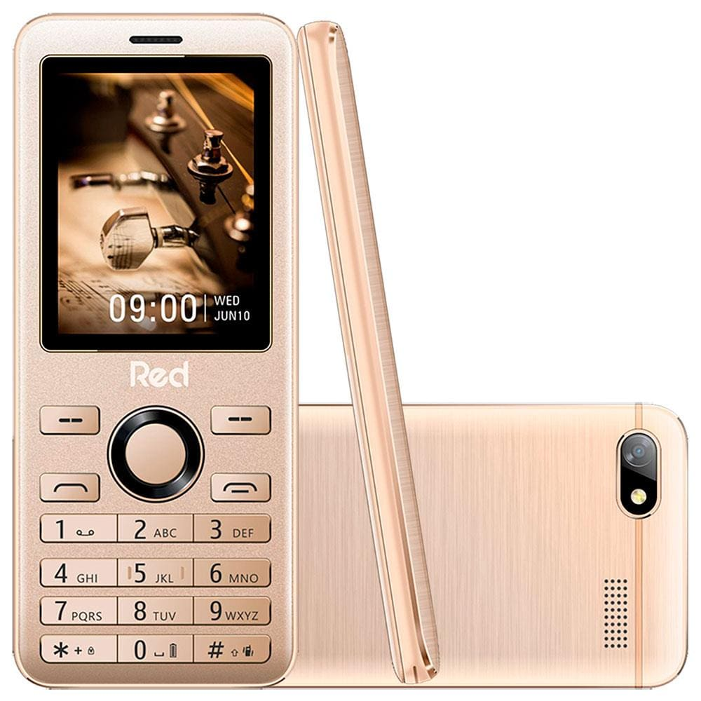 Celular Red Mobile Prime 2.4 Dourado com Tela 2.4", Câmera, Rádio FM, Vibracall, Bluetooth e Dual Chip