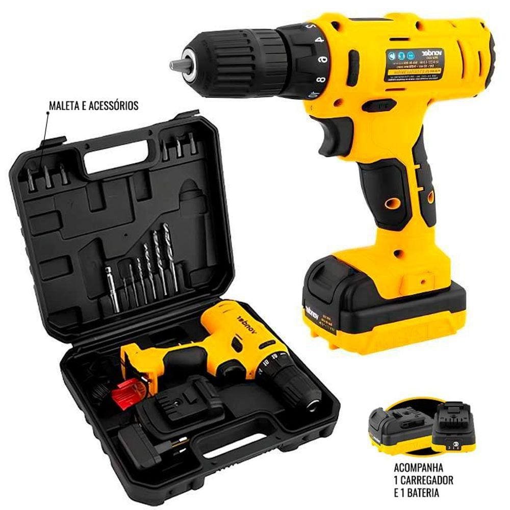 Parafusadeira Furadeira à Bateria 12V Bivolt Com Bateria, Maleta e Acessórios PFV120 VONDER - Bivolt Parafusadeira Furadeira à Bateria 12V Bivolt Com Bateria, Maleta e Acessórios PFV120 VONDER - Bivolt