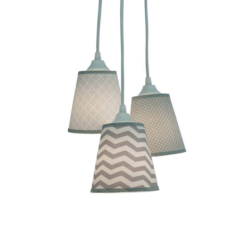 Lustre Pendente 3 Cúpulas Chevron e Arabescos Cinza e Branco Lustre Pendente 3 Cúpulas Chevron e Arabescos Cinza e Branco