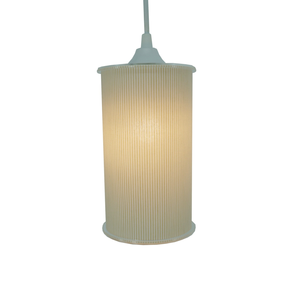 Luminária Pendente Cilíndrica Listrada Branca e Bege Luminária Pendente Cilíndrica Listrada Branca e Bege