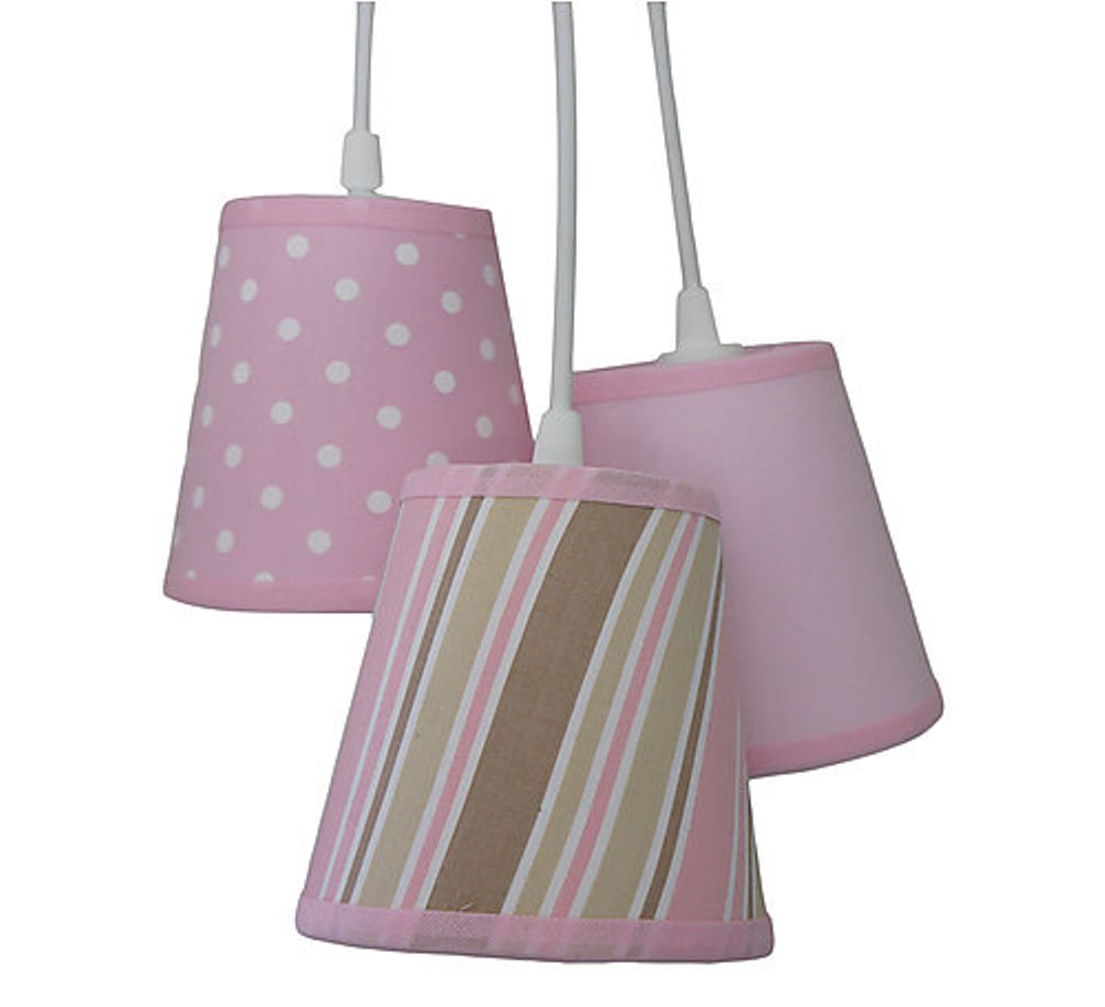 Lustre Pendente Tecido Poá e Listras Menina Rosa e Bege Lustre Pendente Tecido Poá e Listras Menina Rosa e Bege