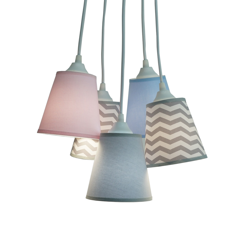 Lustre Pendente Mix Tecidos Cinza, Rosa e Azul Lustre Pendente Mix Tecidos Cinza, Rosa e Azul