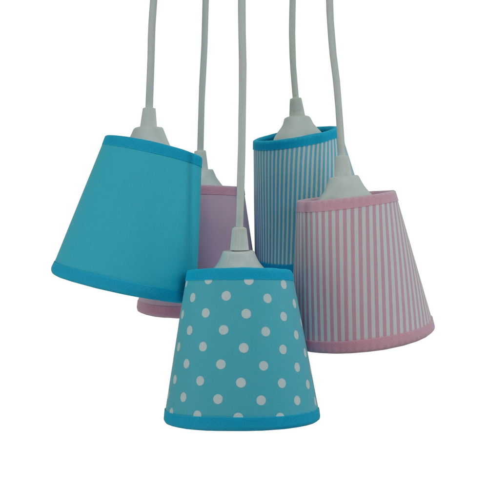Lustre Pendente Cacho Tecidos Rosa e Azul Turquesa Lustre Pendente Cacho Tecidos Rosa e Azul Turquesa