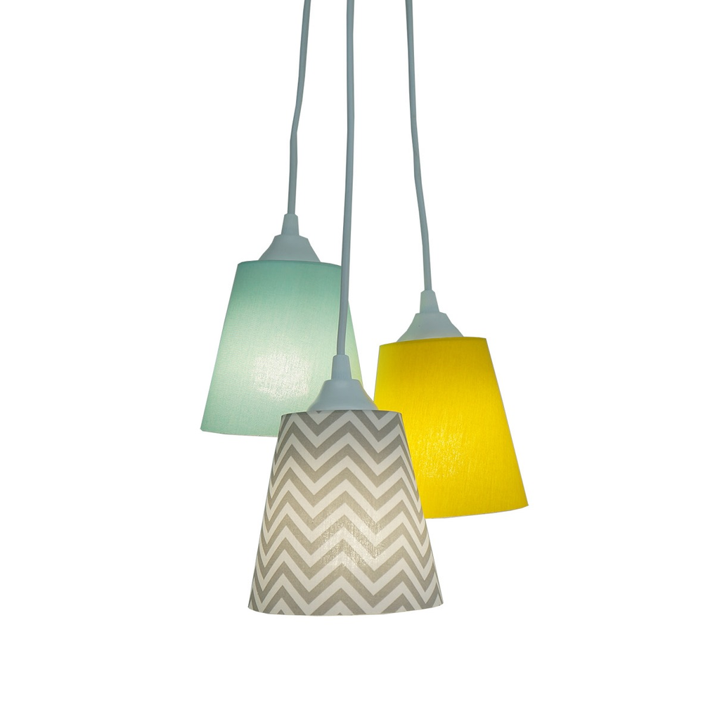 Lustre Pendente Bebê Cacho Chevron Cinza, Verde Água E Amarelo Lustre Pendente Bebê Cacho Chevron Cinza, Verde Água E Amarelo