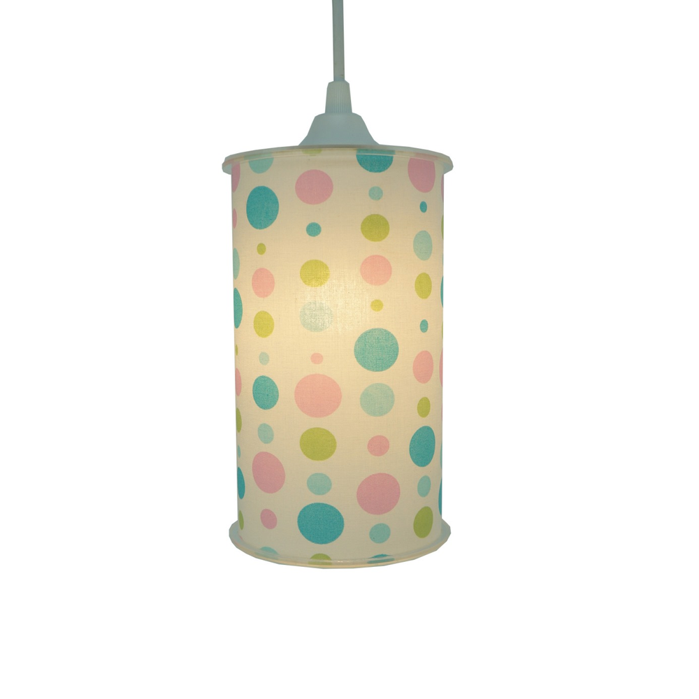 Luminária Pendente Cilíndrica Tecido Poás Verde, Rosa e Azul Luminária Pendente Cilíndrica Tecido Poás Verde, Rosa e Azul