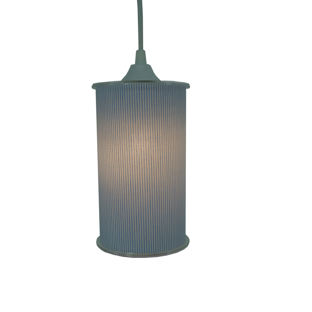 Luminária Pendente Cilíndrica Tecido Listrado Azul e Branco Luminária Pendente Cilíndrica Tecido Listrado Azul e Branco