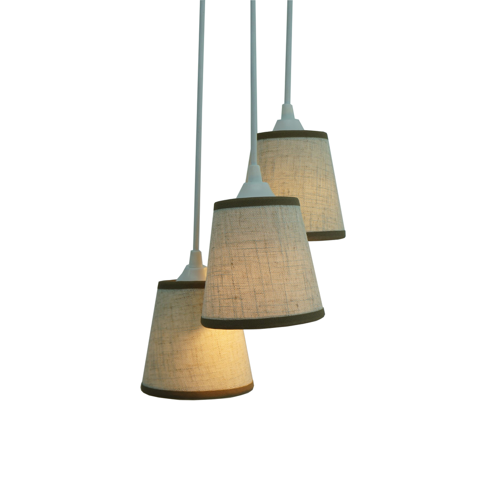 Lustre Pendente 3 Cúpulas Linho Bege e Bordas em Marrom Lustre Pendente 3 Cúpulas Linho Bege e Bordas em Marrom