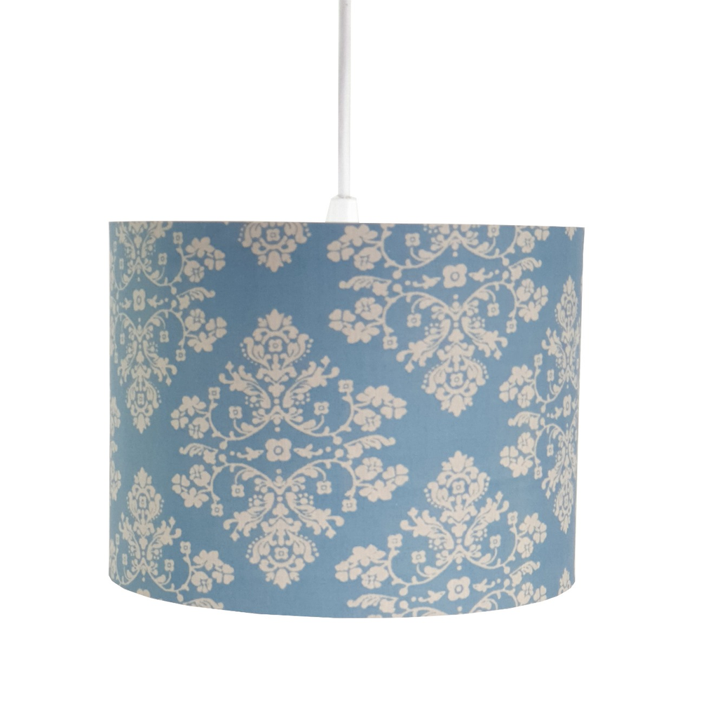 Luminária Pendente Revestida com Tecido Arabescos Tons de Azul e Bege Luminária Pendente Revestida com Tecido Arabescos Tons de Azul e Bege