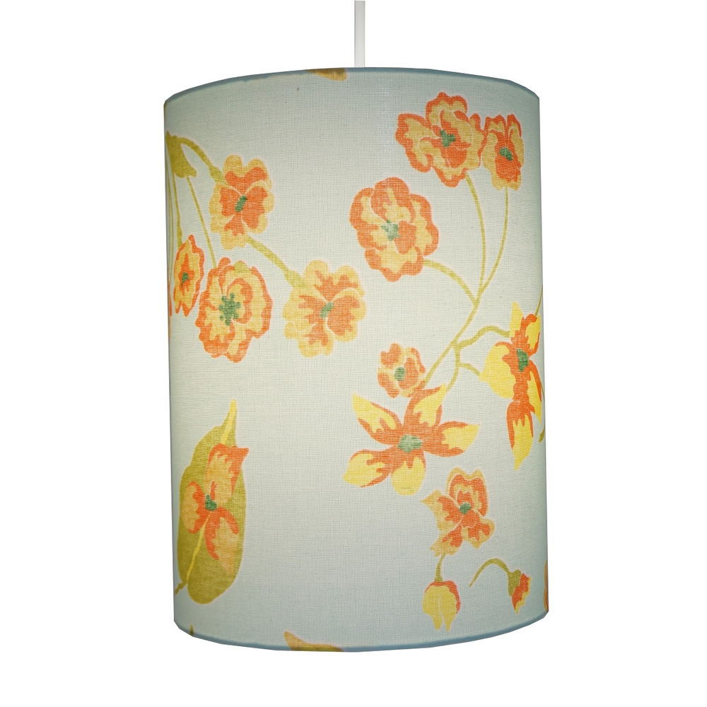 Luminária Pendente Revestida com Tecido Floral Verde e Laranja Luminária Pendente Revestida com Tecido Floral Verde e Laranja