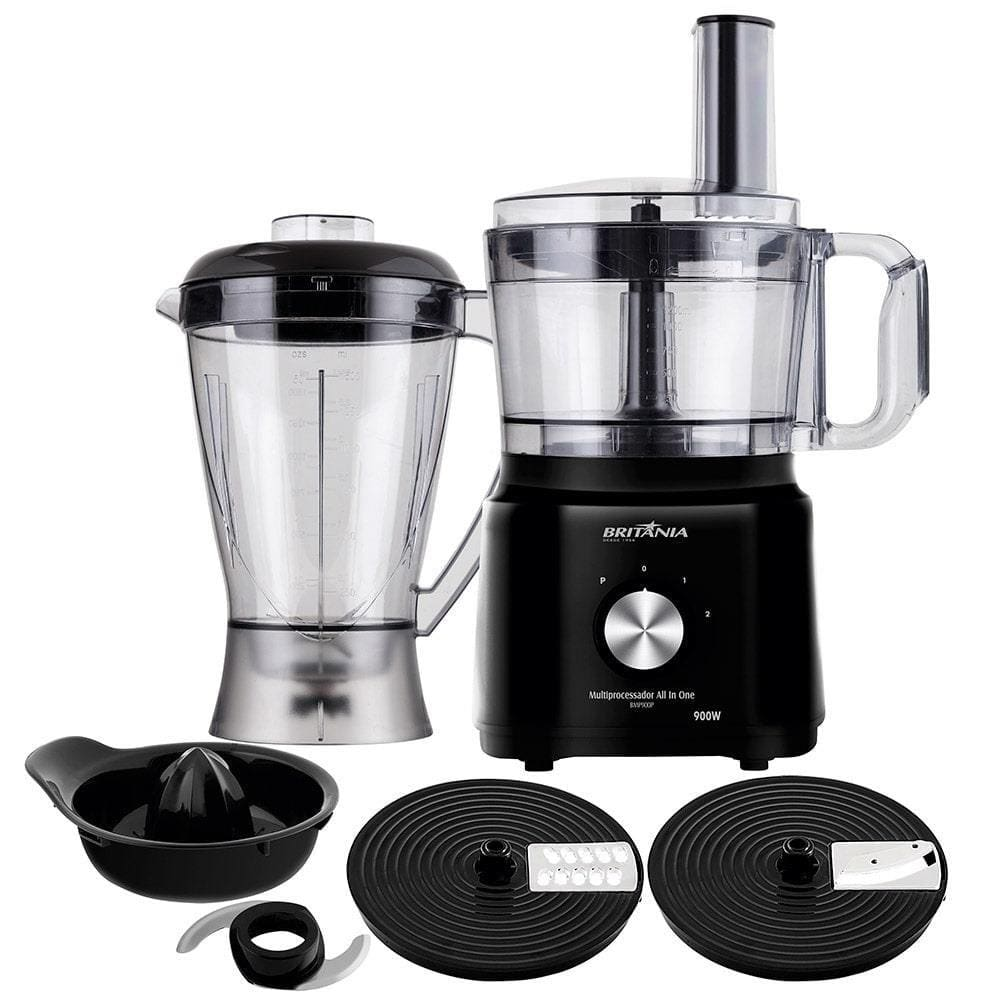 Processador de Alimentos Britania All in One BMP900, 2 velocidades + pulsar, 900 W, Preto - 110V Processador de Alimentos Britania All in One BMP900, 2 velocidades + pulsar, 900 W, Preto - 110V