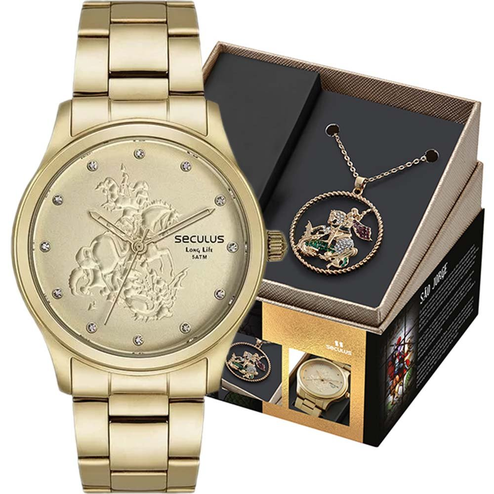 Kit Relógio Seculus Feminino Long Life com Colar São Jorge 44155LPSKDA1K1 Kit Relógio Seculus Feminino Long Life com Colar São Jorge 44155LPSKDA1K1