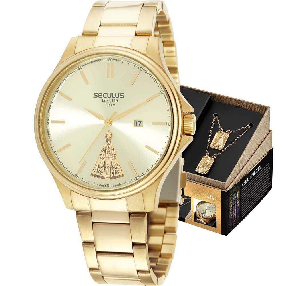 Kit Relógio Seculus Masculino com Escapulário Nossa Senhora Aparecida 44078GPSKDA1K2 Kit Relógio Seculus Masculino com Escapulário Nossa Senhora Aparecida 44078GPSKDA1K2