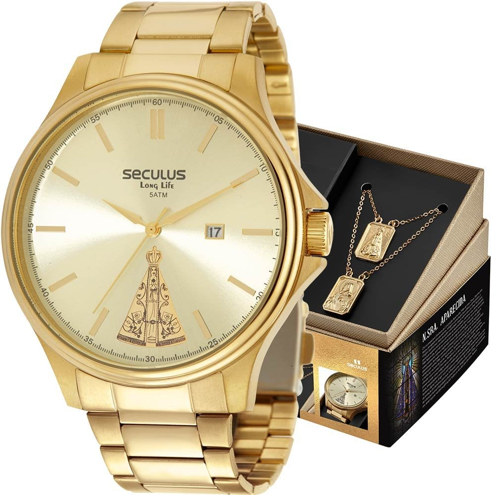 Kit Relógio Seculus Masculino com Escapulário Nossa Senhora Aparecida 44078GPSKDA1K1 Kit Relógio Seculus Masculino com Escapulário Nossa Senhora Aparecida 44078GPSKDA1K1
