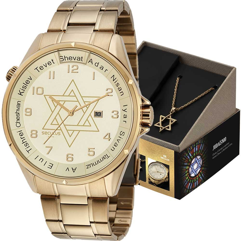 Kit Relógio Seculus Masculino Judaísmo com Colar 23702GPSKDA1K1 Kit Relógio Seculus Masculino Judaísmo com Colar 23702GPSKDA1K1