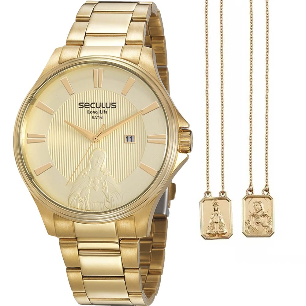 Kit Relógio Seculus Masculino com Escapulário Jesus 20983GPSKDA1K2 Kit Relógio Seculus Masculino com Escapulário Jesus 20983GPSKDA1K2