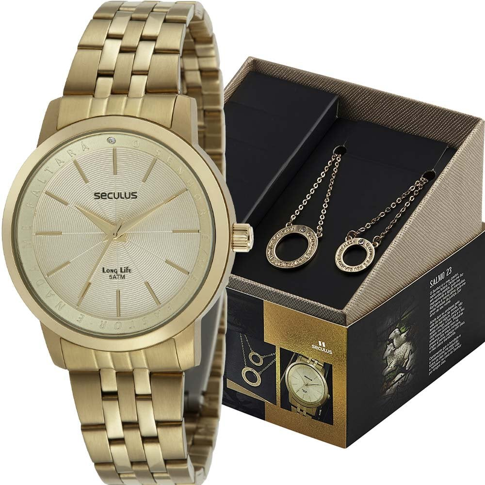 Kit Relógio Seculus Feminino Long Life Salmo 23 com Colar 20890LPSKDA1K1 Kit Relógio Seculus Feminino Long Life Salmo 23 com Colar 20890LPSKDA1K1