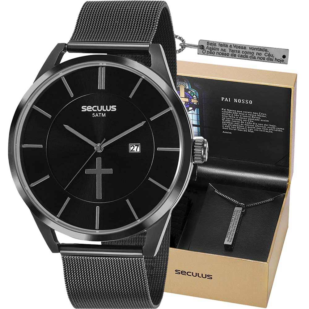 Kit Relógio Seculus Masculino Pai Nosso com Colar 20769GPSKPA1K1 Kit Relógio Seculus Masculino Pai Nosso com Colar 20769GPSKPA1K1