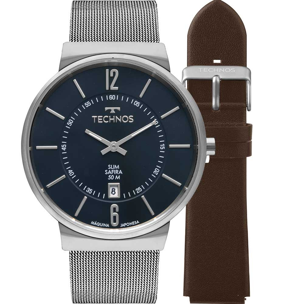 Kit Relógio Technos Masculino Slim Safira Troca Pulseira GM17AD/T1A Kit Relógio Technos Masculino Slim Safira Troca Pulseira GM17AD/T1A